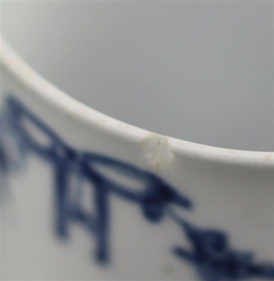 A very rare Worcester blue and white Floral Swag, Ribbon and Scroll pattern coffee can, c.1755, two rim chips with short hairline crack